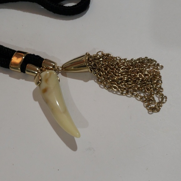 Edgy Gold Black Cord Necklace – Tassel & Faux Tooth Pendant Statement Jewelry - Picture 5 of 9